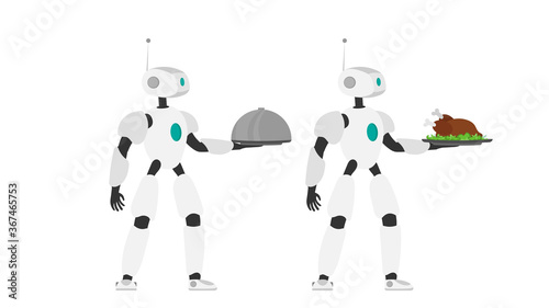 The robot is holding a metal tray with fried meat. Robot waiter. The concept of future cafe workers. Isolated. Vector.