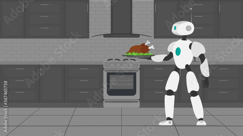 The robot is holding a metal tray with fried meat. Robot waiter. The concept of future cafe workers.  Vector.