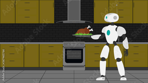 The robot is holding a metal tray with fried meat. Robot waiter. The concept of future cafe workers.  Vector.