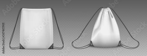 Backpack bag with drawstrings isolated on transparent background. Vector realistic mockup of school pouch for clothes and shoes, white empty and full sport knapsacks with strings