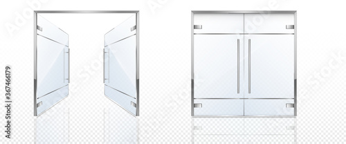 Double glass doors with metal frame and handles. Vector realistic mockup of open and closed doors isolated on transparent background. Glass gate, entrance in store, mall or office
