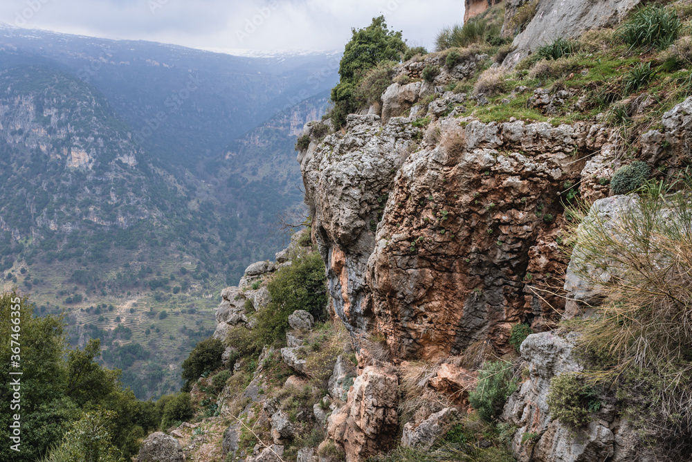 View from hiking path in Kadisha Valley also spelled as Qadisha in Lebanon
