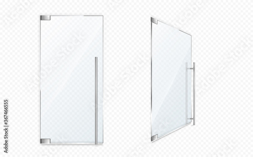 Glass doors with metal handles. Close and open office entrance, boutique facade, shop or store doorway isolated on transparent background. Modern interior design element, realistic 3d vector entry