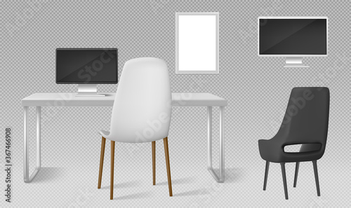 Fototapeta Naklejka Na Ścianę i Meble -  Desk, monitor, chairs and blank picture frame isolated on transparent background. Vector realistic set of modern furniture, table, chair and computer screen for workplace in office or home