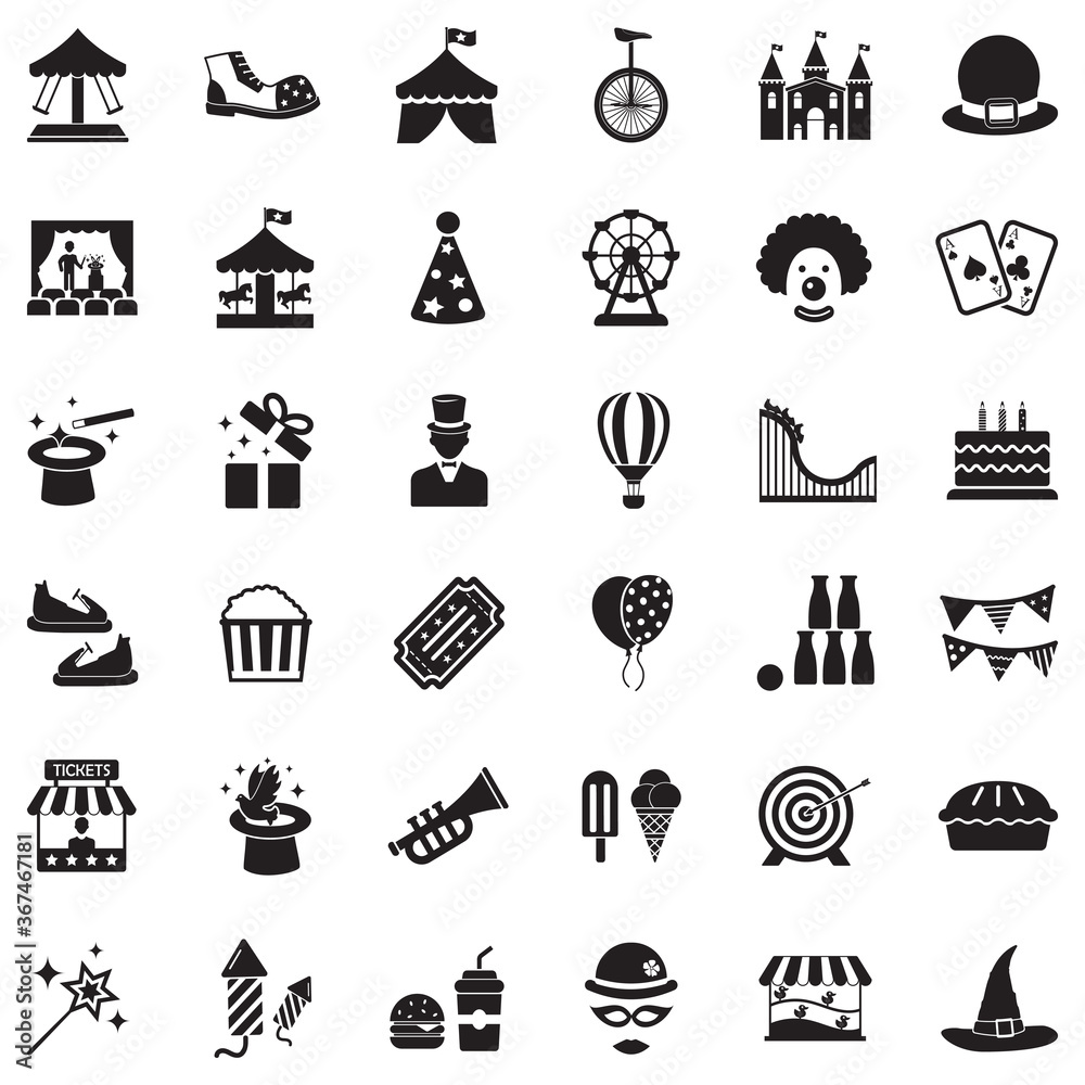 Obraz premium Amusement Park Icons. Black Flat Design. Vector Illustration.
