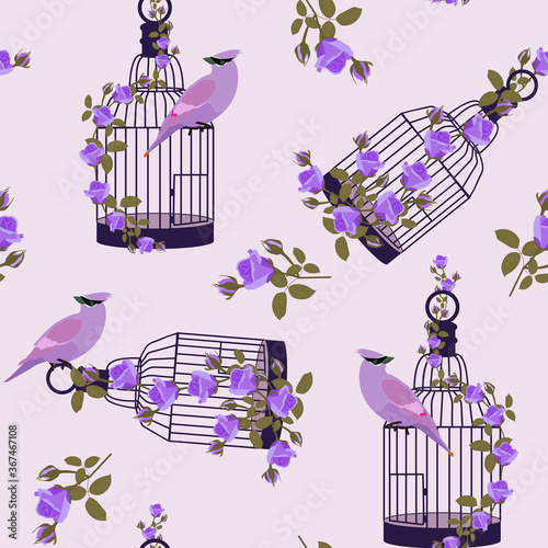 Floral summer composition. Birds with cages seamless vector illustration.