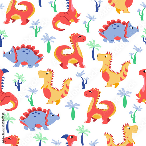 vector seamless patterns with dinosaurs and ferns. texture for children with cartoon motives and plants. patterns for decorating fabrics and children s clothing