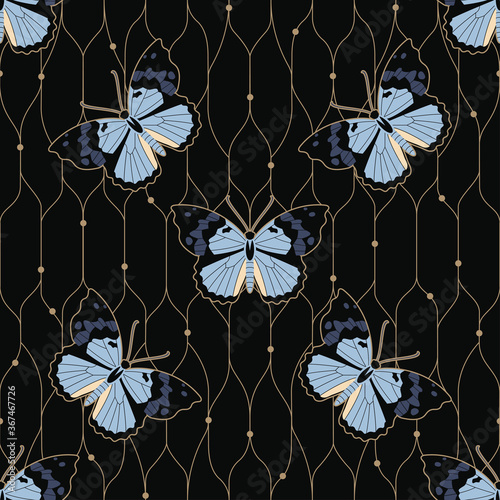 Seamless pattern with the image of butterflies on a wicker background in art deco style for surface design