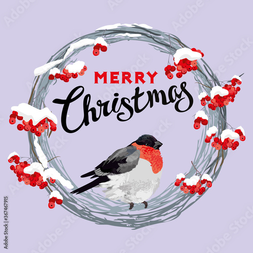 Bullfinch. Vector Christmas card for decoration, posters, banners, sales and other winter events.
