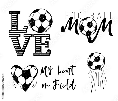 Football fan t-shirt design set with my heart on field sign, love football sign, flying football ball, football mom sign. Graphic black sketch with soccer on white background. Vector illustration.