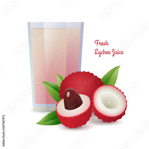 Natural fresh lychee juice in glass. Tropical vitamin detox drink and raw ripe fruits. Healthy diet, restaurant menu, vegetarian product banner vector illustration isolated on white background