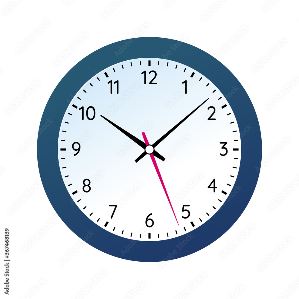 Classic round wall clock in black body. Analog office clock face with numbers. Conception of punctuality, accuracy and time measurement flat vector illustration isolated on white background. Classic round wall clock in black body. Analog office clock face with numbers. Conception of punctuality, accuracy and time measurement flat vector illustration isolated on white background.