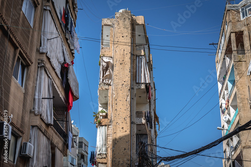 War scars on a residential building in Sin el Fil city, suburbs of Beirut, capital of Lebanon