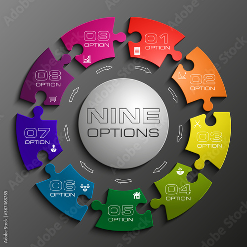 Nine sided 3d puzzle presentation infographic template with explanatory text field for business statistics