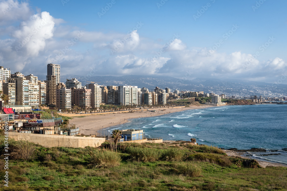 Aerial view on Ramlet al Baida on Mediterranean Sea coast, main beach in Beirut, capital of Lebanon