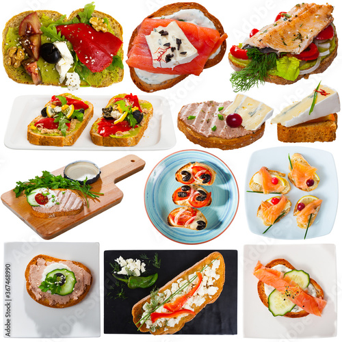 Collage of various sandwiches with meat, vegetables and fish. High quality photo