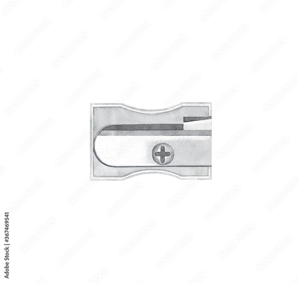 Metal sharpener for pencils and crayons. One single object, adorable design, top view. School supplies symbol. Hand drawn watercolour painting on white, isolated clip art element. Metal sharpener for pencils and crayons. One single object, adorable design, top view. School supplies symbol. Hand drawn watercolour painting on white, isolated clip art element.