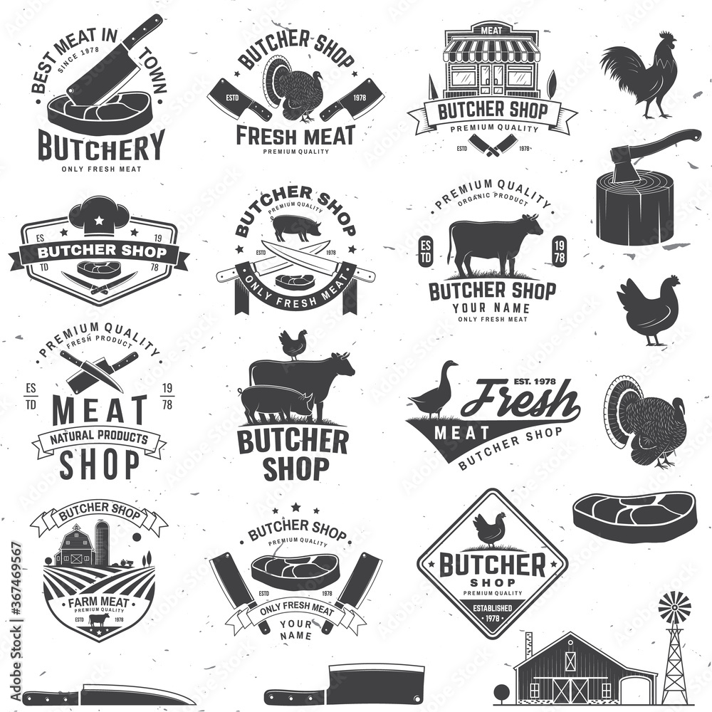 Set of butcher shop badge or label with cow, Beef, chicken. Vector ...