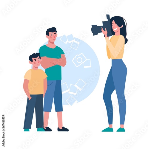 A woman photographs children on a camera with a flash, brothers pose for a photo. Cartoon characters. The mother takes pictures of her sons. Vector, flat style, isolated