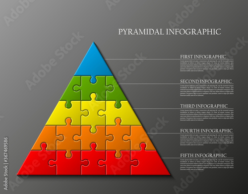 five levels pyramid puzzle presentation infographic template with explanatory text field for business statistics illustration