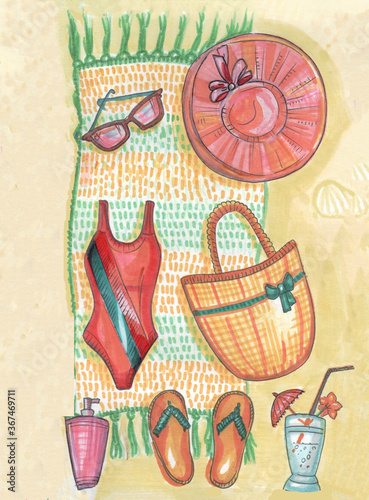 beach stuff hat bag towel sunglasses