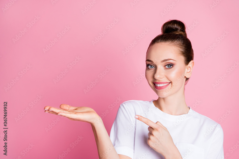 Portrait of positive cheerful girl promoter present option point index finger recommend suggest select wear stylish trendy clothes isolated over pastel color background Portrait of positive cheerful girl promoter present option point index finger recommend suggest select wear stylish trendy clothes isolated over pastel color background