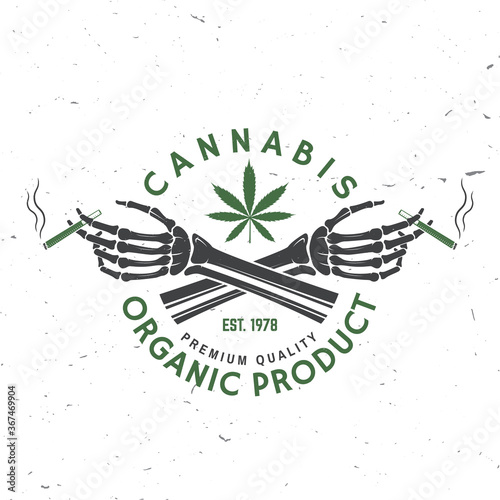 Medical cannabis badge, label with skeleton hand, smoking marijuana Vector. Vintage typography logo design with cannabis, skeleton hand silhouette For weed shop, cannabis, marijuana delivery service