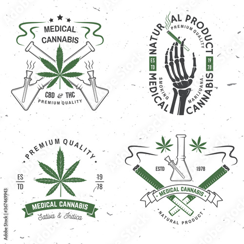 Medical cannabis badge, label with skeleton hand, smoking marijuana Vector. Vintage typography logo design with cannabis, skeleton hand silhouette For weed shop, cannabis, marijuana delivery service