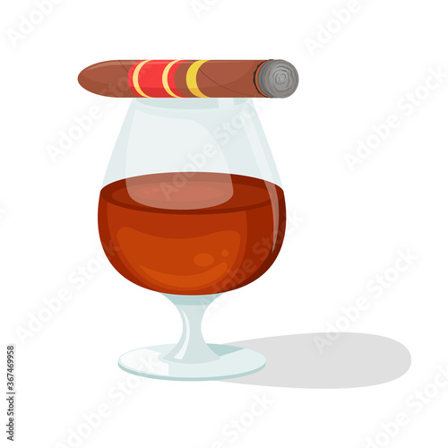 Vector illustration of a glass of cognac and a cigar. Strong alcohol.