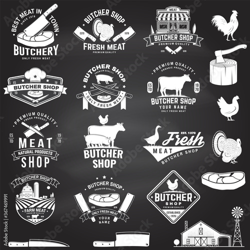 Set of butcher shop badge or label with cow, Beef, chicken. Vector. Vintage typography logo design with cow, chicken silhouette. Butchery meat shop, market, restaurant business.