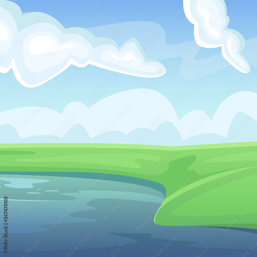 Landscape of a green summer field with a lake. Natural landscape. Agricultural fields. Agriculture, farming. Landscape of a green summer field with a lake. Natural landscape. Agricultural fields. Agriculture, farming.