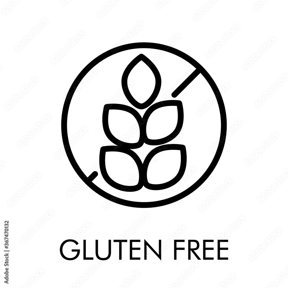 Icono plano lineal texto Gluten Free con señal de prohibición con granos de trigo en color negro Icono plano lineal texto Gluten Free con señal de prohibición con granos de trigo en color negro