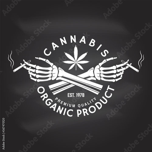 Medical cannabis badge, label with skeleton hand, smoking marijuana Vector. Vintage typography logo design with cannabis, skeleton hand silhouette For weed shop, cannabis, marijuana delivery service