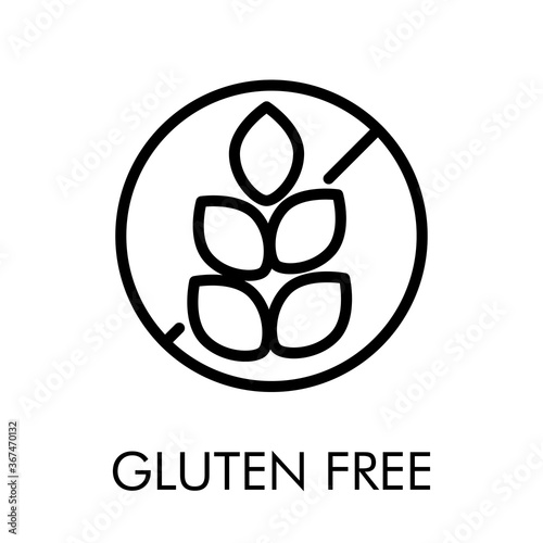 Icono plano lineal texto Gluten Free con señal de prohibición con granos de trigo en color negro