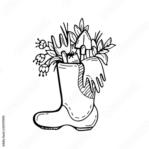 Plants and flowers, gardening tools in a rubber boot. Hand-drawn doodles.