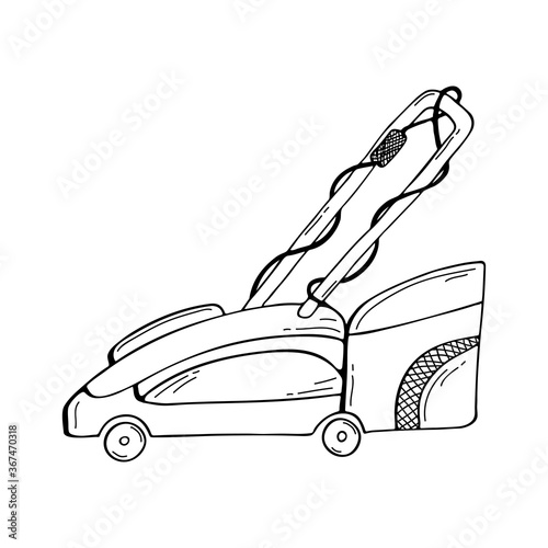 Electric lawn mower. Power tools for gardening and country houses. Hand-drawn doodles.