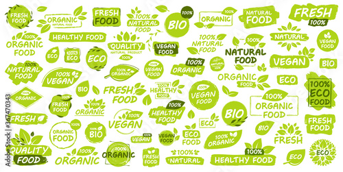 Set of Vegan, Eco, Bio, Organic, Fresh, Healthy, 100 percent, natural food. Natural product. Collection of 60 emblem, cafe, badges, tags, packaging. Vector illustration.