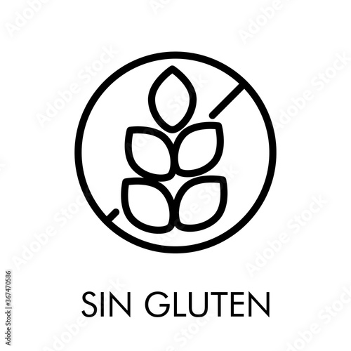 Icono plano lineal texto Sin Gluten con señal de prohibición con granos de trigo en color negro