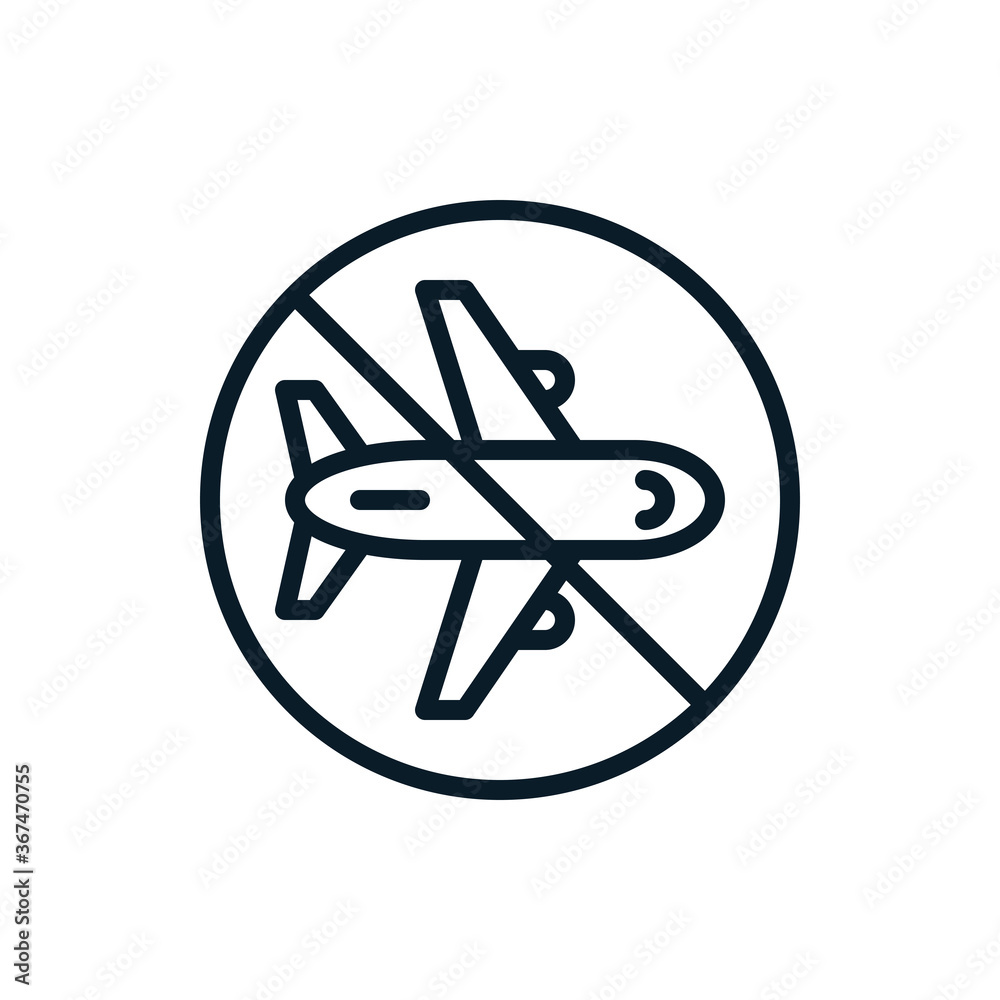 Plane and prohibited sign, flight cancellation, departure ban outline icons. Vector illustration. Editable stroke. Isolated icon suitable for web, infographics, interface and apps. Plane and prohibited sign, flight cancellation, departure ban outline icons. Vector illustration. Editable stroke. Isolated icon suitable for web, infographics, interface and apps.