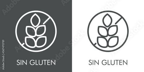Icono plano lineal texto Sin Gluten con señal de prohibición con granos de trigo en fondo gris y fondo blanco