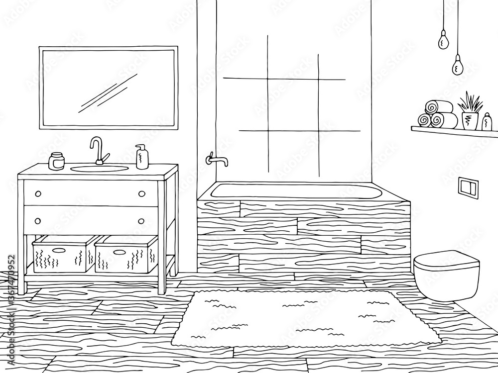 Bathroom graphic home interior black white sketch illustration vector Bathroom graphic home interior black white sketch illustration vector