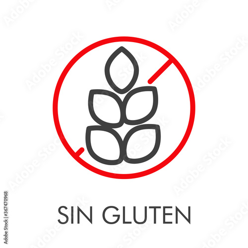 Icono plano lineal texto Sin Gluten con señal de prohibición con granos de trigo en rojo y gris