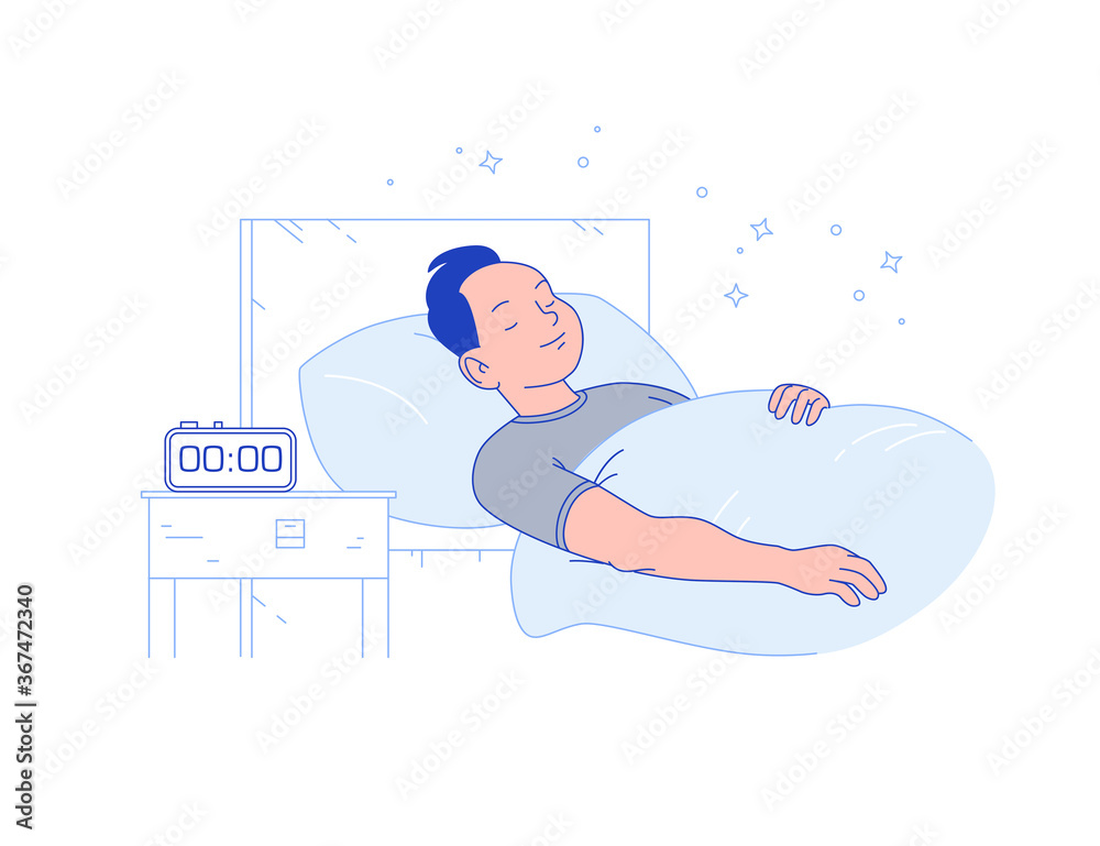 Young man sleeping in cozy bed with alarm clock on on night table. Sleep time and sleep mode control. Vector flat illustration, line art.