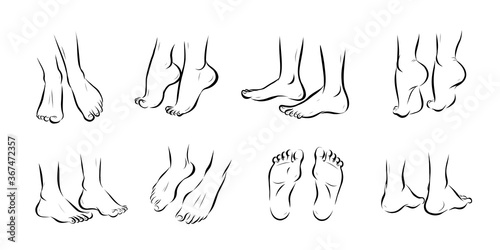 Collection of bare human man and woman feet pairs arranged in different poses isolated on white background. Front, side, back view. Foot icon. Vector hand drawn sketch line art illustration.