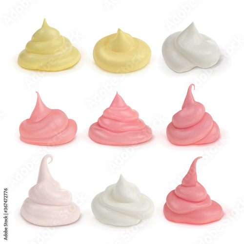 Set of different creams in side view. Pink, yellow, white cream, cosmetics, cream, ice cream, mayonnaise, sour cream isolated on a white background.