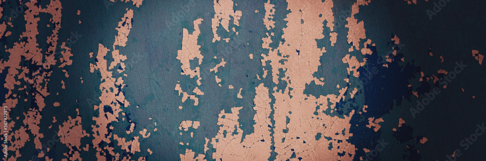 Peeling paint on the wall. Panorama of a concrete wall with old cracked flaking paint. Weathered rough painted surface with patterns of cracks and peeling. Panoramic texture for background and design. Peeling paint on the wall. Panorama of a concrete wall with old cracked flaking paint. Weathered rough painted surface with patterns of cracks and peeling. Panoramic texture for background and design.