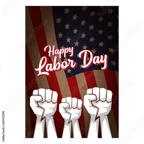 labor day Usa vertical poster, background or flyer with strong clenched fist isolated on usa flag layout and greeting text . Labor union concept illustration
