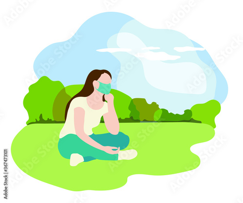 Woman in medical mask sitting alone in the park. Flat style. Can be used during the prevention of coronavirus outbreak Covid-19. Vector illustration © Yuliia Borovyk