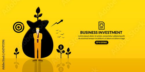 Businessman leadership standing in front of money bag hole, investment concept