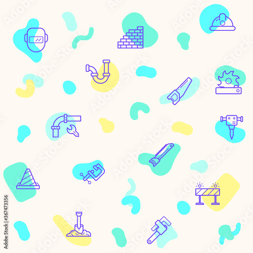 Seamless pattern on the theme of construction, industry, labor, industrial equipment, tools, engineering, machinery, work and more. simple color icons on beige background.